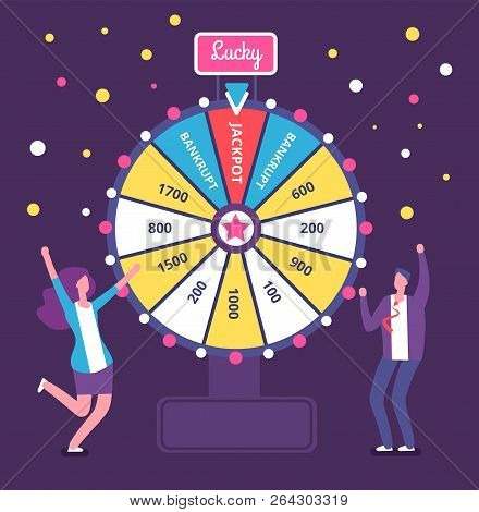 Fortune Wheel With People. Man And Woman Spinning Roulette Wheel. Risk Game And Casino Lottery Vecto
