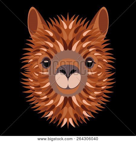 Alpaca Face. Vector Illustration. Geometric Style. Isolated On Black Background. Animal From Peru. F
