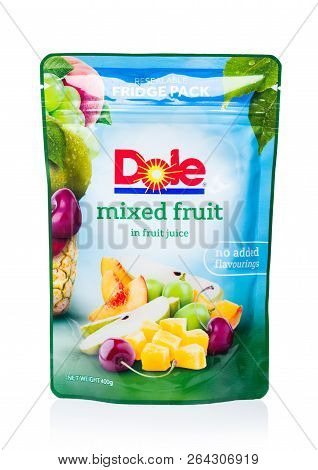 London, Uk - October 20, 2018: Pack Of Dole Fuits Mix In Fruit Juice On White. Product By Dole