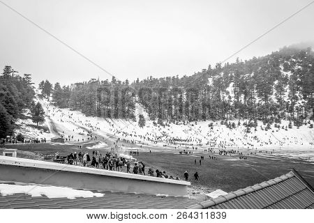 Snow And Mountain On Michlifen Morocco In Winter