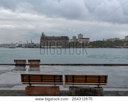 Bosphorus Marmar Sea Embankment With Empty Benches
