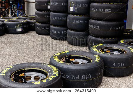 Indianapolis - Circa September 2018: Sets Of Goodyear Eagle Nascar Racing Tires I