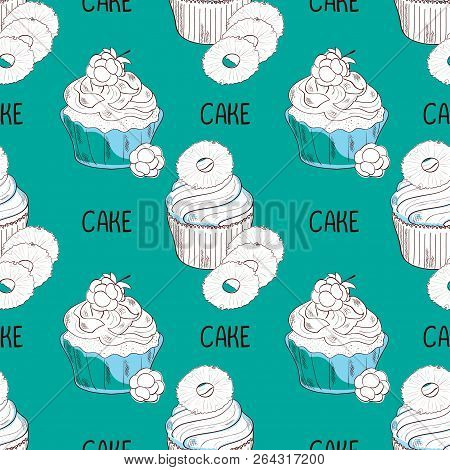 Cake. Raspberries, Pineapple. Background, Unhurried. Sketch, Doodle. Azure Background. Seamless