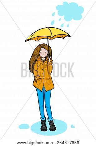 Young Woman In A Yellow Slicker Is Enjoying Rainy Weather. Vector Illustration.