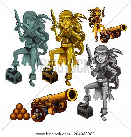 A Set Of Statues Of A Girl Pirate Made Of Stone And Gold Isolated On A White Background. A Cannon Wi