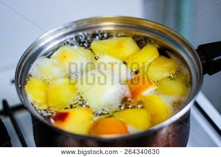 Apple Compote Is Cooked In A Saucepan. Homemade Compote Of Fresh Apples. Healthy Food.
