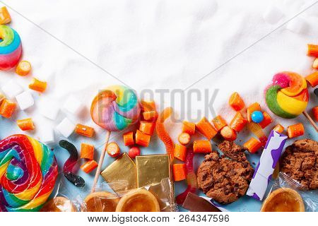 Sweets And Candies With Sugar, Flat Lay Scene With Copy Space