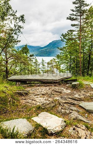 Norwegian Landscape. Green Mountains Hills And Fjord Saudafjord On Overcast Weather, View From Svand