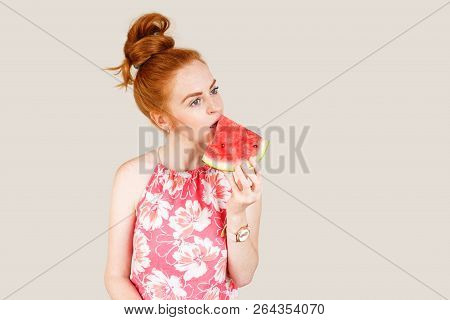 Joyful Young Woman Holding Slice Of Watermelon
