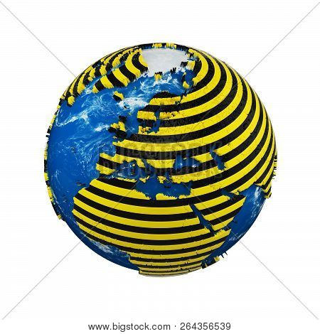 Planet Earth Globe Isolated On White Background. Yellow And Black Striped Police Warning Safety Ribb
