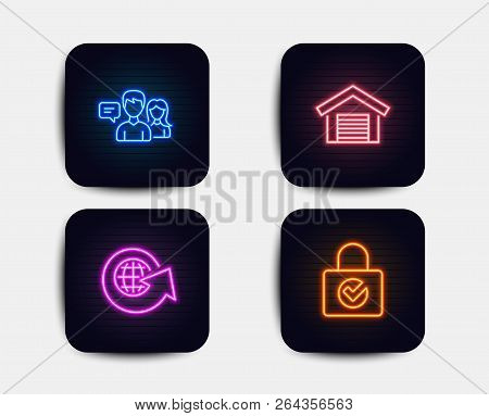 Neon Glow Lights. Set Of People Talking, Parking Garage And World Globe Icons. Password Encryption S