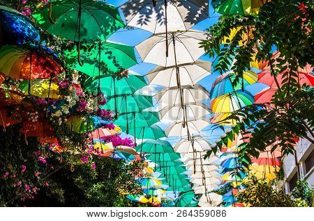 Multicolored Open Umbrellas Above Street At Nicosia, Lefkosa, North Cyprus