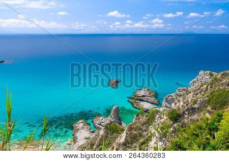 Aerial Panoramic View Of Horizon And Amazing Tropical Blue Azure Turquoise Water Of Sea, Rock Cliff 