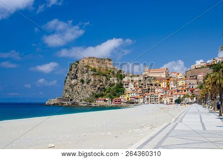 Beautiful Seaside Town Village Scilla With Old Medieval Castle On Rock Castello Ruffo, Colorful Trad