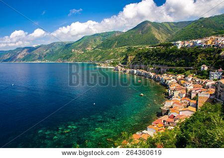 Aerial Top View Of Houses In Small Fishing Village Chianalea Di Scilla From Old Medieval Castle On R