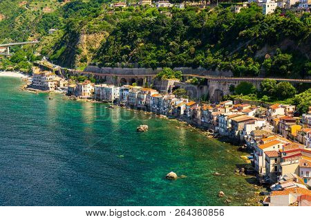 Aerial Top View Of Houses In Small Fishing Village Chianalea Di Scilla From Old Medieval Castle On R