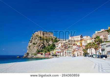 Beautiful Seaside Town Village Scilla With Old Medieval Castle On Rock Castello Ruffo, Colorful Trad