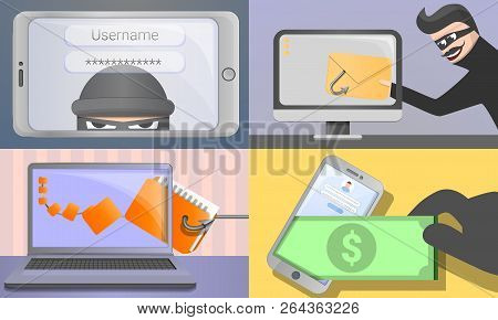 Phishing Banner Set. Cartoon Illustration Of Phishing Vector Banner Set For Web Design