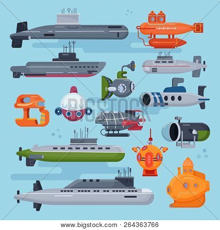 Submarine Vector Sea Pigboat Or Marine Sailboat Underwater And Ship Transport In Deep Ocean Illustra