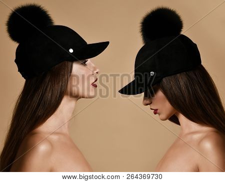 Woman In Winter Hat Cap Double Composition With Quite Tss Sign On Warm Background