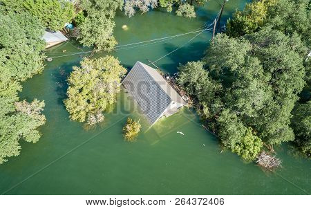 Aerial Drone Views Straight Down Angle Above Flood Waters After Massive Summer Flooding Flood The En