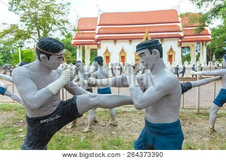 Samut Songkhram, Thailand - Oct 5, 2018 : Muay Thai Statue At Wat Bang Kung Temple, Samut Songkhram,