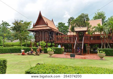 Kanchanaburi - Thailand - Oct 5, 2018: Thai Traditional House In Mallika City, Which Is A City Imita