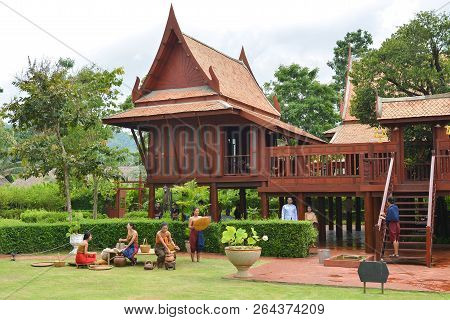 Kanchanaburi - Thailand - Oct 5, 2018: Thai Traditional House In Mallika City, Which Is A City Imita