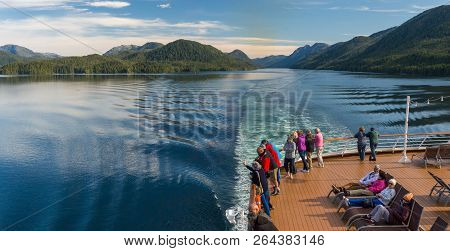 Principe Channel, Bc, Canada - September 13, 2018: Cruise Ship Passengers Viewing Beautiful Scenery 