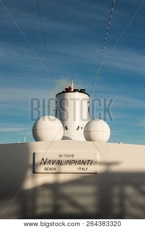 Inside Passage, Bc, Canada - September 13, 2018: Front View Of Magrodome Roof, Antenna And Funnel Of