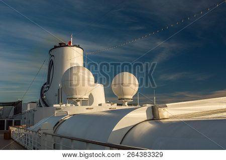 Inside Passage, Bc, Canada - September 13, 2018: Side View Of Magrodome Roof, Antenna And Funnel Of 