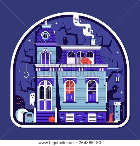 Halloween Spooky House Sticker With Haunted Victorian Mansion Full Of Ghosts And Scary Creatures.