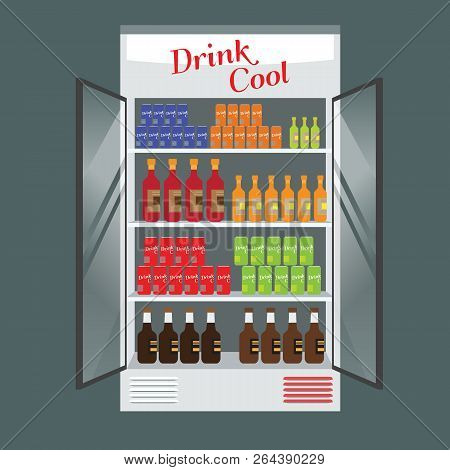 Refrigerated Supermarket Display Case Full With Multiple Drinks And Beverages. Illustrated Vector Fo