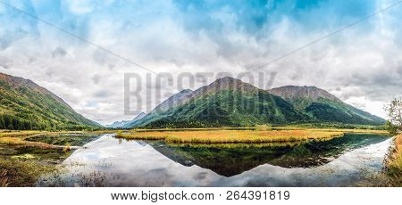 Stunningly Beautiful Panorama Of Tern Lake And The Chugach Mountains On The Kenai Peninsula In Alask