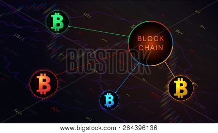 Blockchain Concept Banner On  Background Of Stock Market Graph. Blockchain Cryptocurrencies Global N