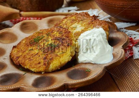 Draniki, Potato Fritters, Belarusian  Cuisine, Traditional Assorted Dishes, Top View.