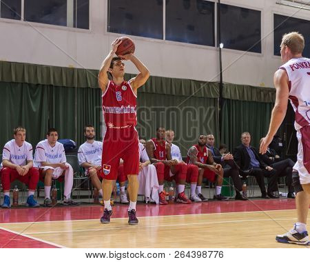Samara, Russia - December 17: Bc Atomeromu Guard Akos Kovacs #6 Makes 3-point Shot During The Bc Kra