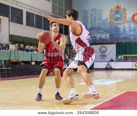 Samara, Russia - December 17: Bc Atomeromu Guard Akos Kovacs #6, With Ball, Is On The Attack During 
