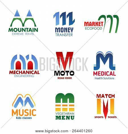 Letter M Icons Set For Sport, Medicine Or Food And Construction Industry Idenity. Vector M Business 