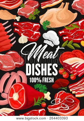 Meat, Sausages And Poultry Products, Butcher Shop. Vector Turkey, Chicken Leg Or Beef Jamon And Pork