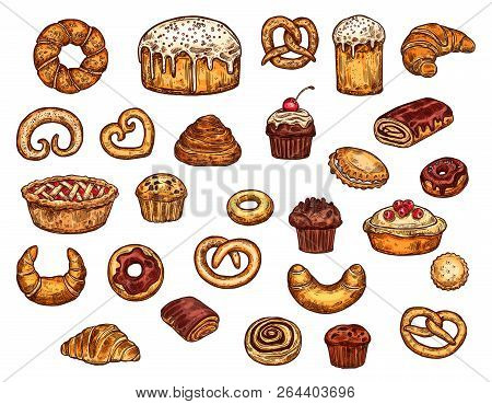 Bakery Shop Pastry, Desserts Ans Sweet Cakes. Patisserie Or Cafeteria Food. Vector Wheat Bagel Donut