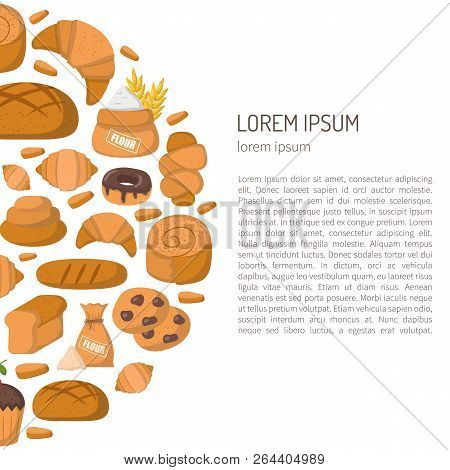 Vector Illustration With Cartoon Bakery Shop Background. Pasrty Vector Objects. Sweet Bun, Croissant