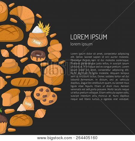 Vector Illustration With Cartoon Bakery Shop Background. Pasrty Vector Objects. Sweet Bun, Croissant
