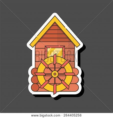 Vector Illustration With Cartoon Flat Watermill Isolated On White Background. Agricultural Building 