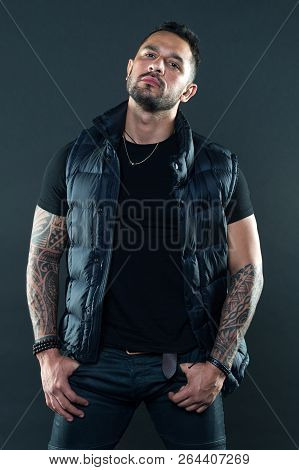 Tattoos Great Way Express Masculinity And Manliness. Bearded Man Posing With Tattoos. Masculinity An