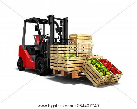 Modern Concept Of Harvesting Varietal Green Red Apples And Carrying An Red Forklift 3d Rendering Whi