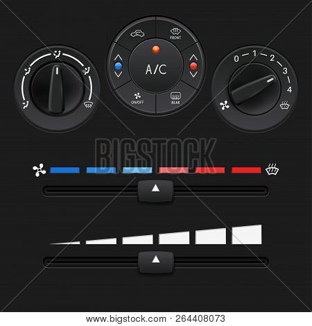 Car Dashboard Control Panel. Black Buttons And Sliders. Vector 3d Illustration