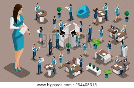 Isometric Set 7, Bank Icons With Bank Employees, Woman Bank Worker, Customer Service Manager. Financ
