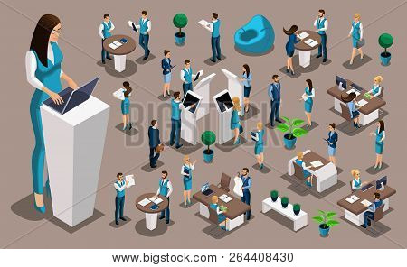 Isometric Set 4, Bank Icons With Bank Employees, Woman Bank Worker, Customer Service Manager. Financ