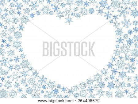 Christmas Background With White Snowflakes In The Shape Of A Heart.